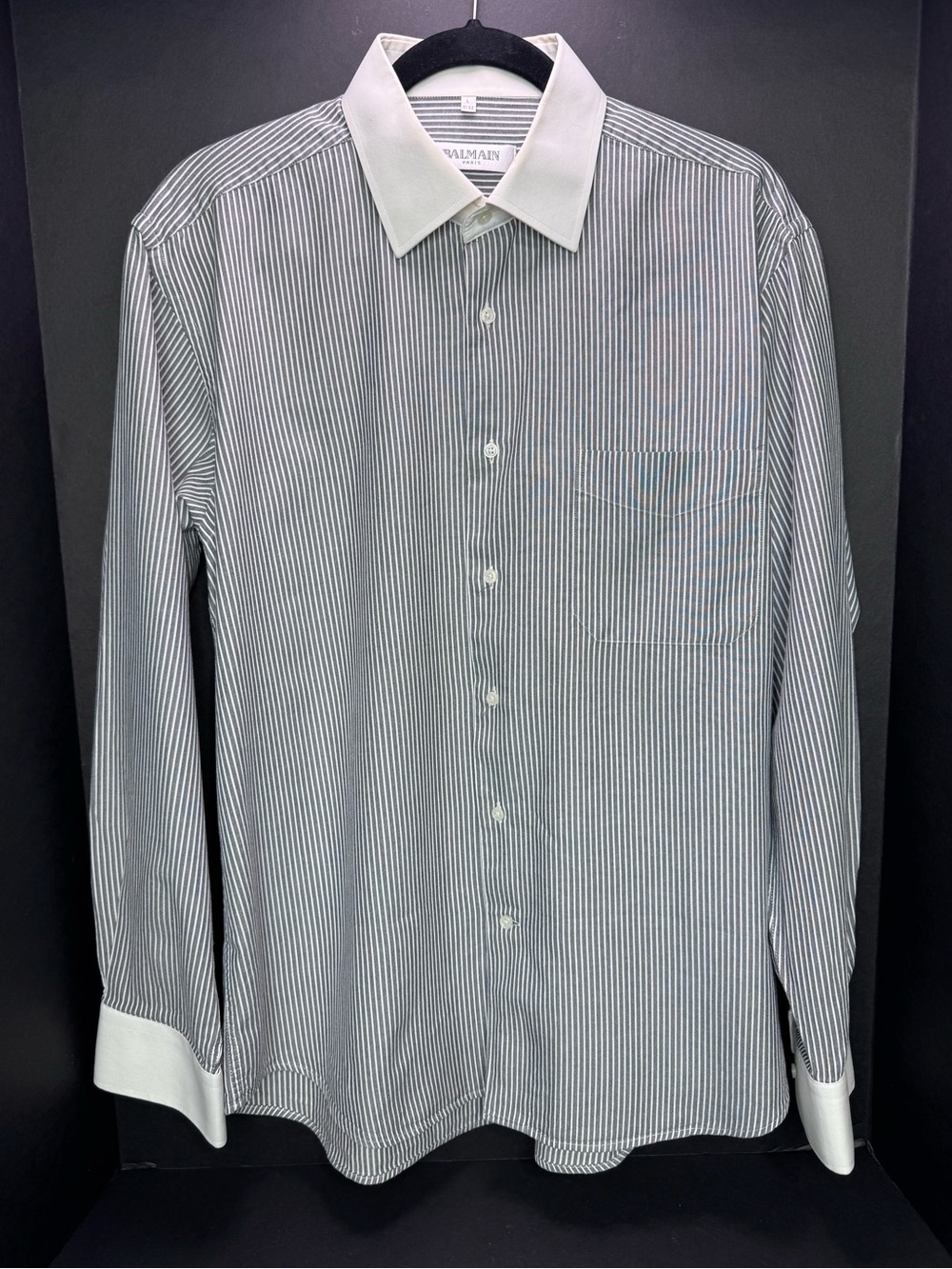 BALMAIN PARIS Mens Striped Shirt L 41-42 French Cuff Contrast Collar